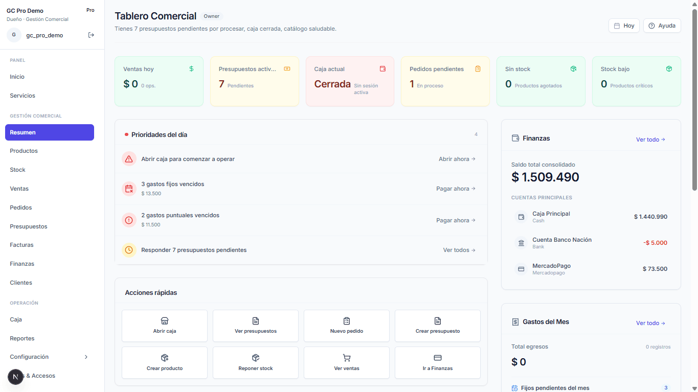 Vista previa del panel de Gestión Comercial Mi Rubro